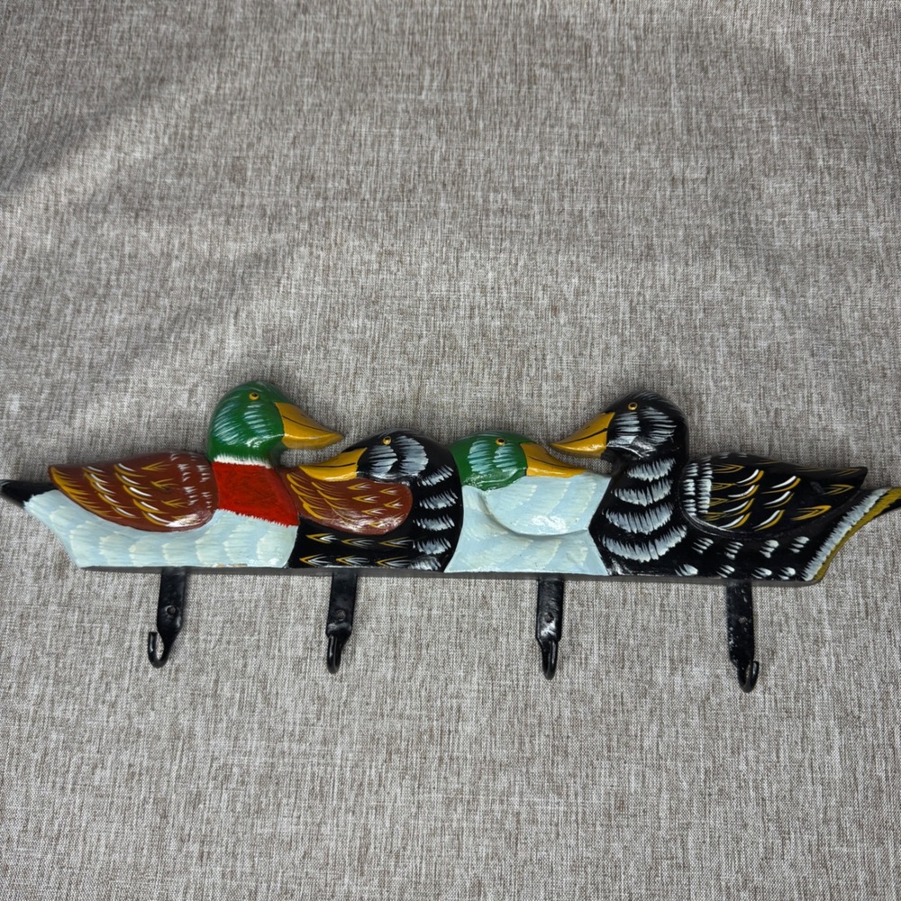 Vintage Hand Painted Wood Mallard Duck Wall Hook Rack 4 Metal Hooks Rustic Decor